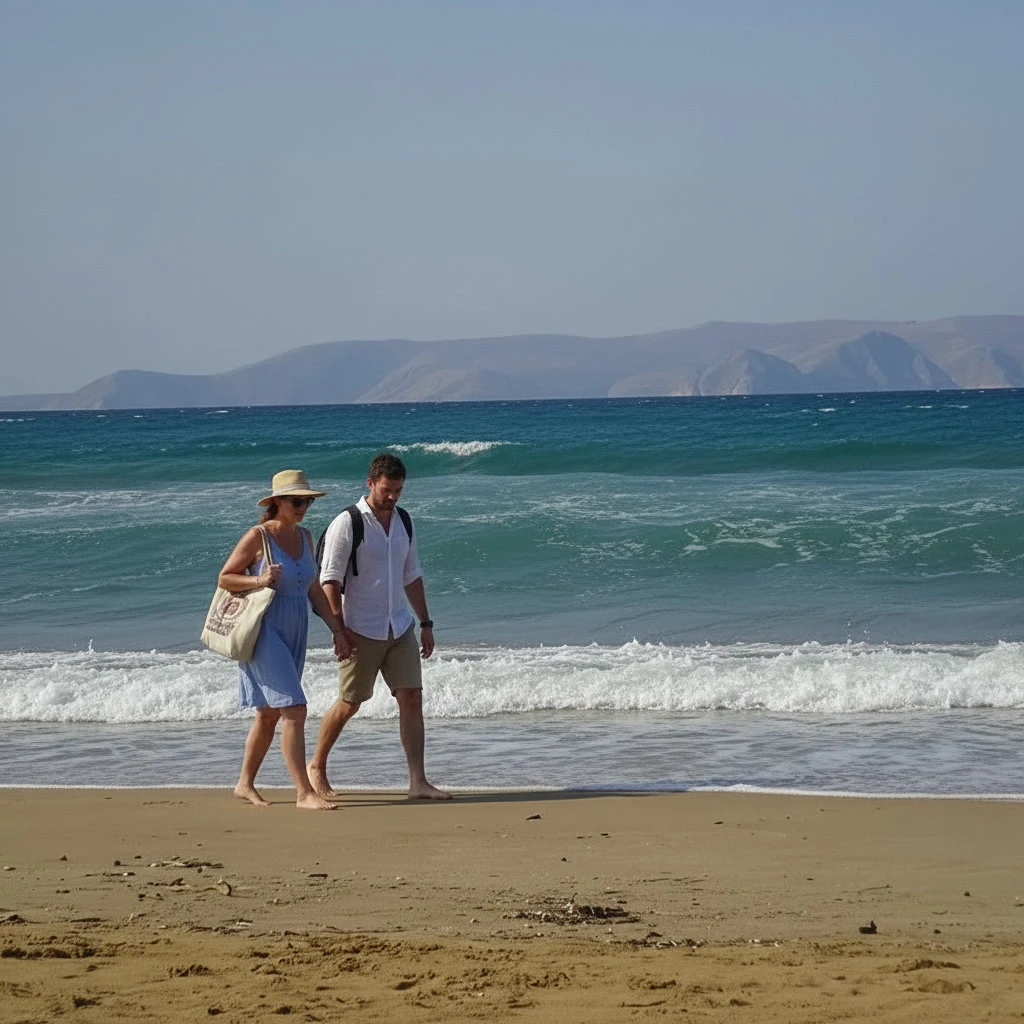 Happy tourists are walking in the Gournes Crete Beach at Heraklion Crete.